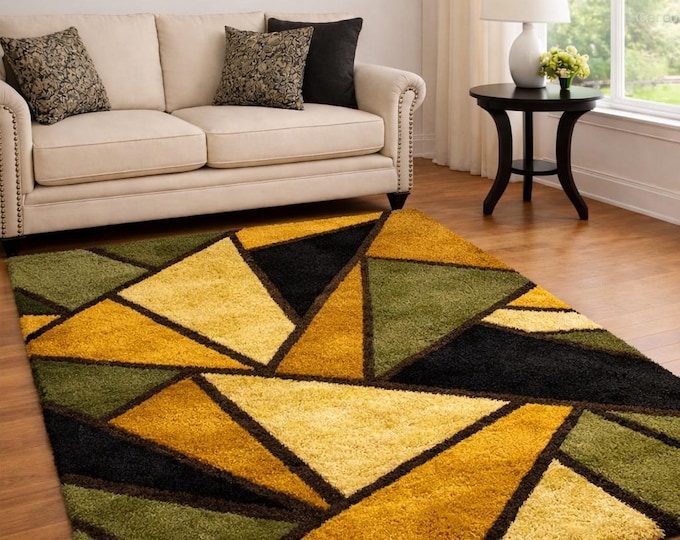Modern Yellow Wool Area Rug, Modern Abstract Hand Tufted Carpet Geometric Patio Rug,Yellow Area Rug Decor Rug, Badroom Rug,
