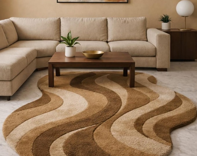 Modern Abstract Rug Hand tufted wool wave Rug Beige & Brown Aqua Sculpted Coastal Decor Rug . living room rug brown organic shape rug