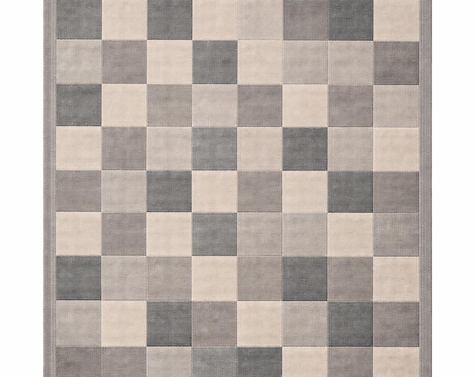 Swedish Marianne Richter Grey Checked Inspired Kilim Rug, Soft And Simple Care washable Carpet,