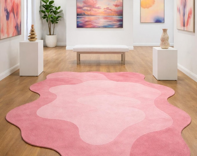 8x10 Pink Abstract Irregular Shape Rug| Hand Tufted Modern Area Rug | Aesthetic Rug, Wavy Shape Rug, Custom Rug| Living Room Rug