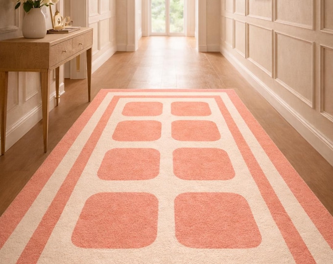 Coral Cream Geometric Hallway Runner Rug – Modern Soft Pile Carpet
