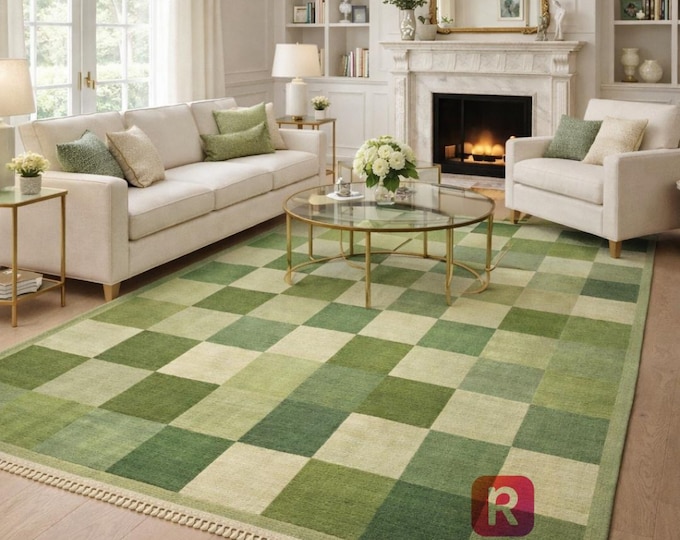 Swedish Marianne Richter Green Checked Inspired Kilim Rug, Soft And Simple Care washable Carpet,
