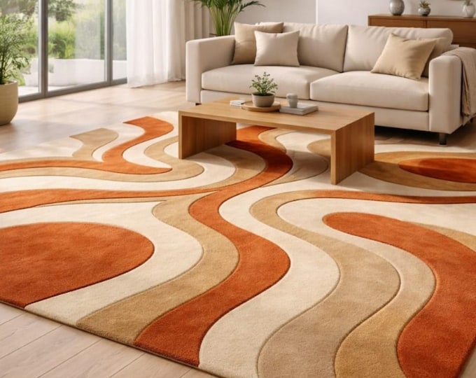 Designer Kids Room Rug New Zealand Wool Rug Retro Wave ,Boho Living Room Rug Area Rug 8x10 Hand tufted Wool rug.fuzzy custom bedroom rugs.