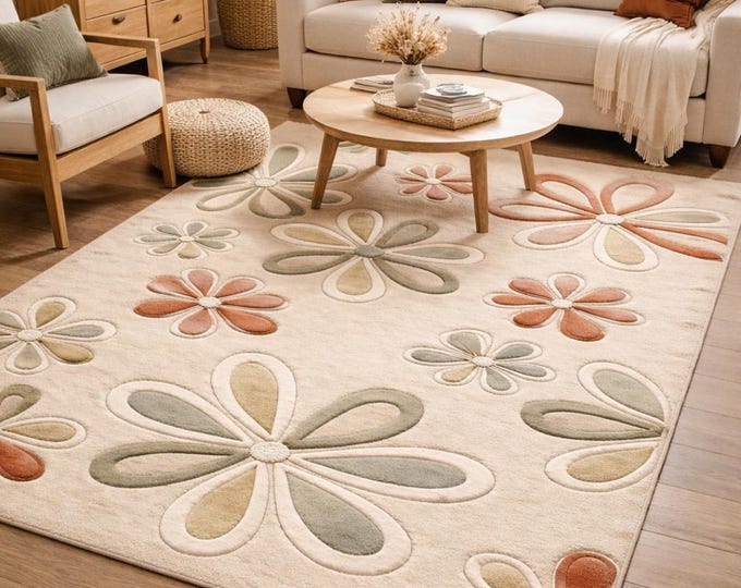 Hand-Tufted Wool Area Rug, Retro Floral Beige, Boho Living Room