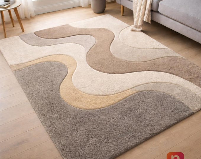 Abstract Wavy Hand Tufted Rug, Neutral Beige & Grey Modern Area Rug, Soft Wool Carpet for Living Room Bedroom Decor