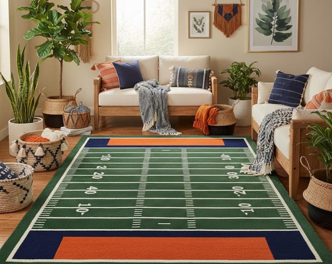 American Football Field Rug Handmade Tufted Wool Green Blue Orange Area Rug Sports Room Decor Game Day Gift Custom Large 5x8 6x9 8x10 9x12