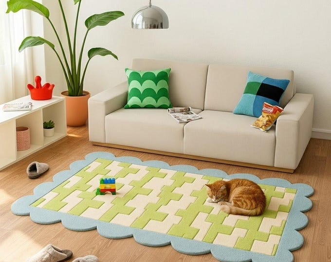 Scalloped Border Tufted Rug, Handmade Geometric Area Rug, Modern Pastel Wool Carpet, Custom Living Room Rug