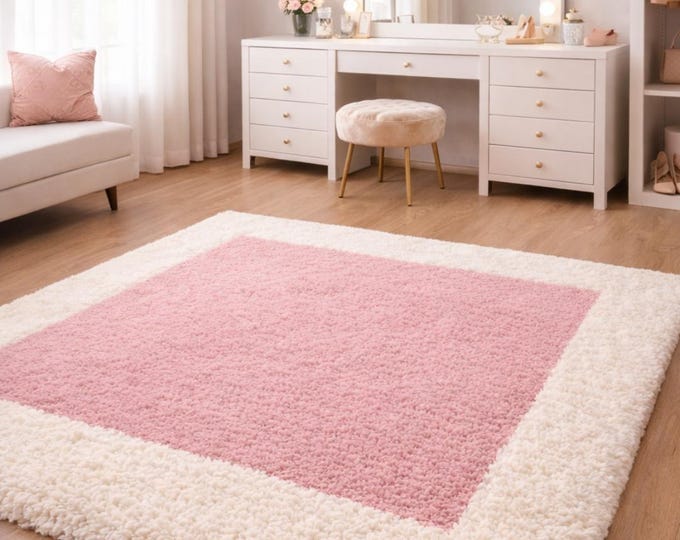 Blush pink & ivory Scalloped Wool Rug, Abstract Hand Tufted bedroom carpet premium hand tufted soft carpet for dressing room.
