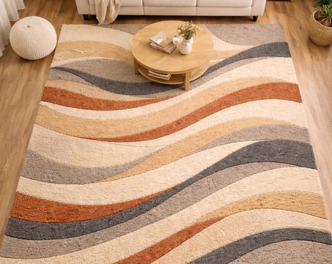 Hand Tufted Abstract Wave Rug – Beige, Grey & Rust Carpet