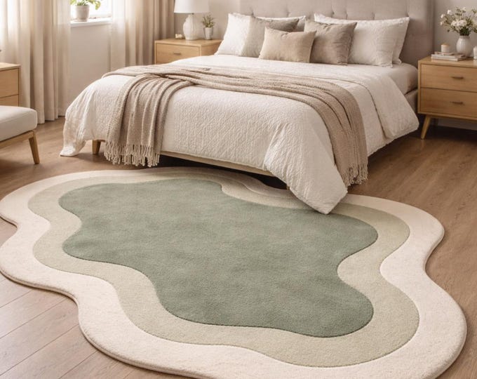 Green White rugs, hand tufted Irregular Rug, modern wavy kids room carpet, soft neutral playroom rug, Living Room Rug, decor Rug