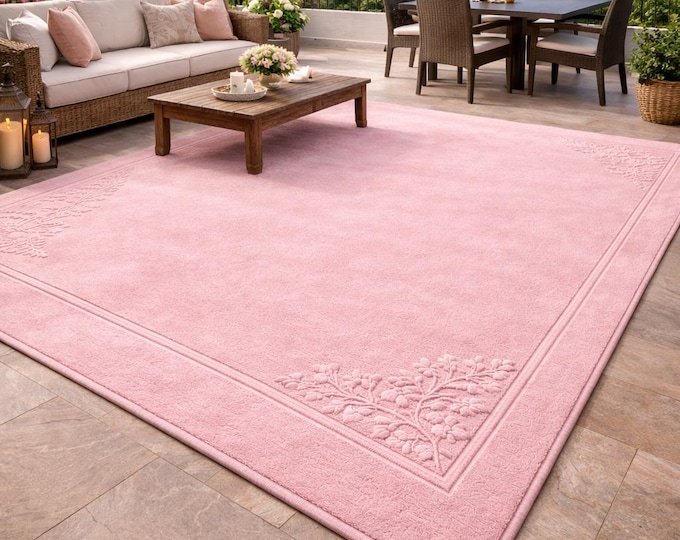 Pink Outdoor Rug for Patio Balcony | Soft Boho Area Rug | Garden Terrace Carpet | Modern Minimal Floral Border Rug