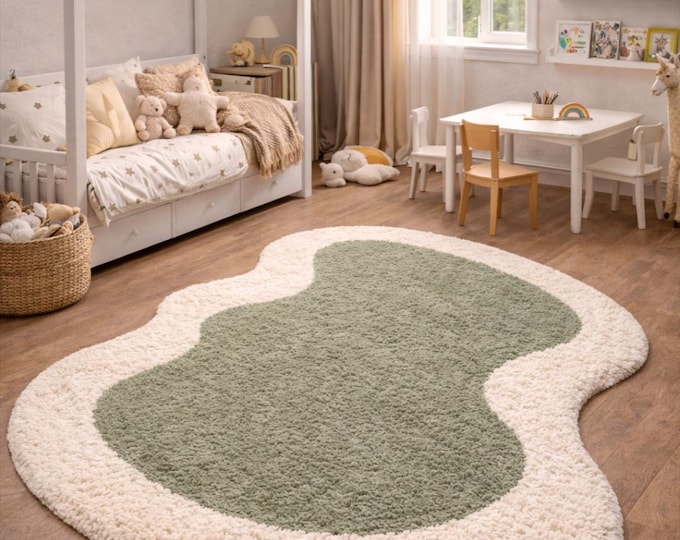 Dreamy cloud kids room rug soft green & cream plush shag carpet modern cloud shape rug nursery  rug hand feel plush shag design