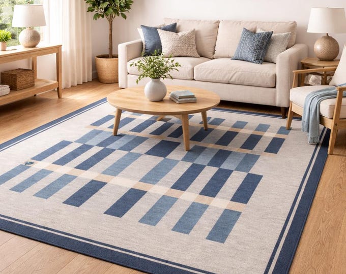 Handmade Mustard Beige Blue Kilim Rug, Scandinavian Geometric Flat Custom Size 9x12, Ft Rug