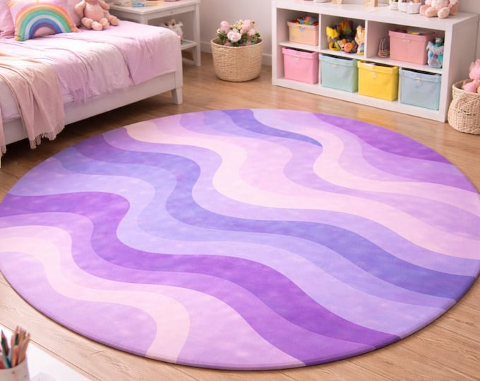 Hand Tufted Wool Rug, Modern Wavy Abstract, Purple Pastel