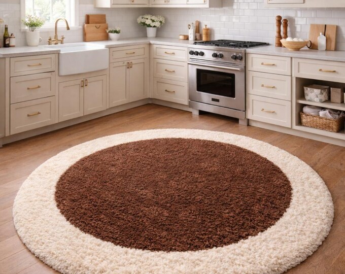 Natural Beige Shag rug Modern round hand tufted rug for kitchen brown & ivory high pile plush carpet cozy minimal home decor.