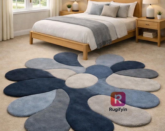Hand Tufted Floral Abstract Rug, Blue Grey Wool Area Rug