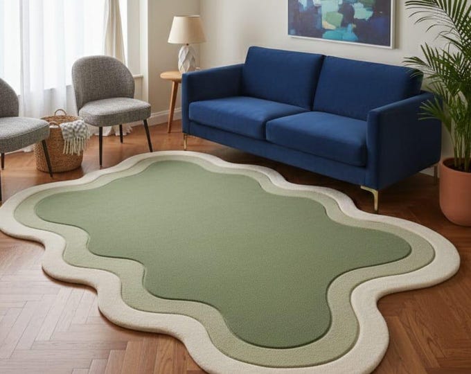 Green Scalloped Abstract Rug, Modern Organic Shape Wool Area Rug, Minimalist Living Room Carpet, Hand Tufted Designer Rug