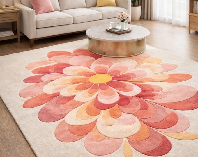 Red Floral Hand Tufted Rug- Modern Flower Teppich, Soft Wool Area Rug For living Room,Bedroom Decor (Made to Order)