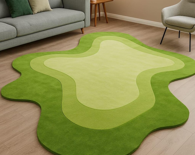 Green Organic Shape Rug, Modern Abstract Hand Tufted Wool Area Rug, Scandinavian Minimal Living Room Carpet, Custom Designer Rug
