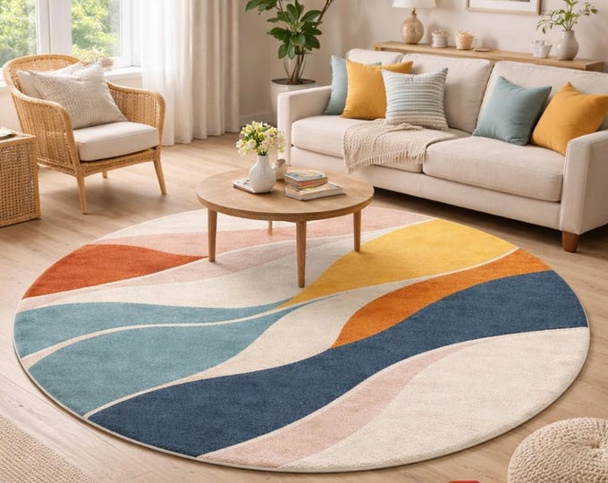 Round Modern Abstract Rug,Wavy Multi color Area Rug, Contemporary Living Room Decor,Handmade Hand Tufted Wool Carpet