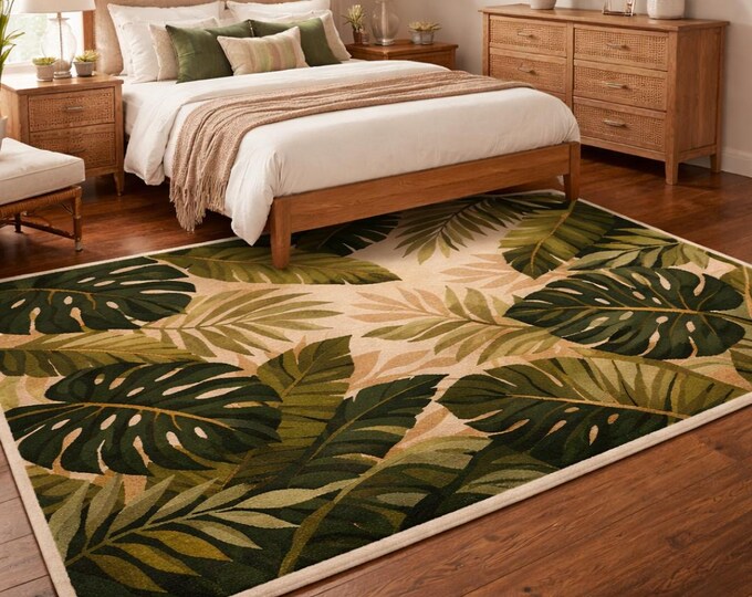 Hand Tufted Wool Rug: Green Leaf Design, Modern Nature Carpet