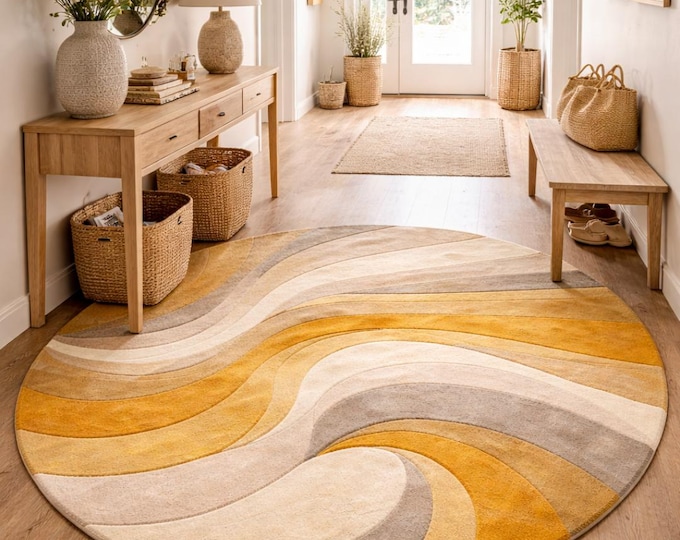 Modern Abstract Round Rug,Neutral Beige Yellow Wave Area Rug,Minimalist Scandinavian Hallway Carpet, Hand Tufted Contemporary Home Decor.