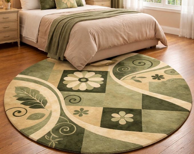 Hand Tufted Round Kids Rug – Green Floral Patchwork Playroom Carpet