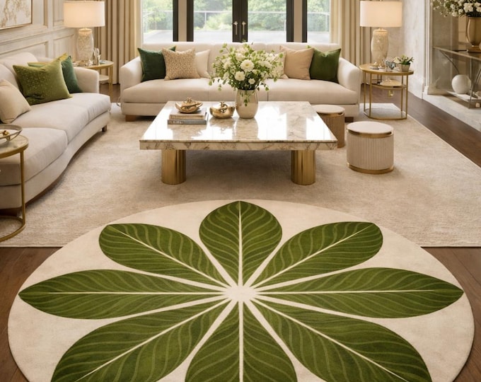 Hand Tufted Round Rug – Green Leaf Botanical Carpet, Modern Décor