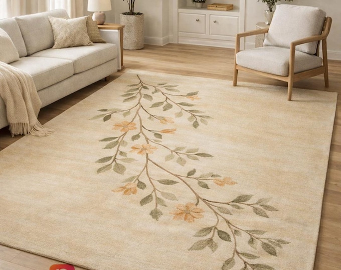 Hand Tufted Wool Area Rug, Beige Floral Botanical Design, Custom Size, & Colors