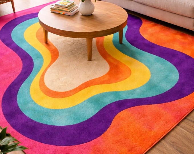 Colorful Wave Hand Tufted Area Rug| Modern Abstract Rainbow Carpet | Handmade Wool Living Room Rug| Boho Contemporary Floor Decor Rug|