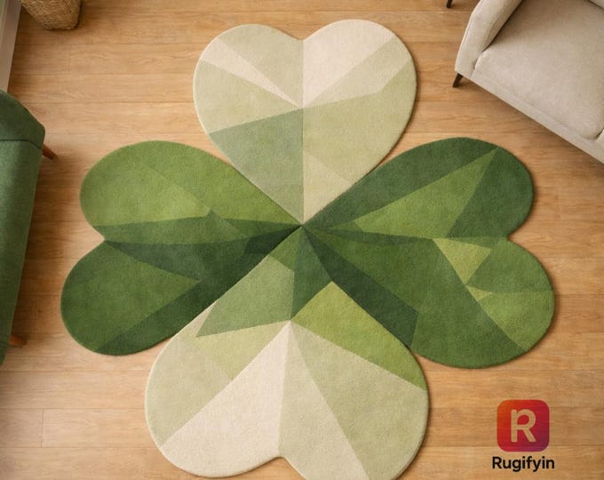 Luxury Hand Tufted Clover Leaf Rug – Green & Beige Modern Geometric Carpet