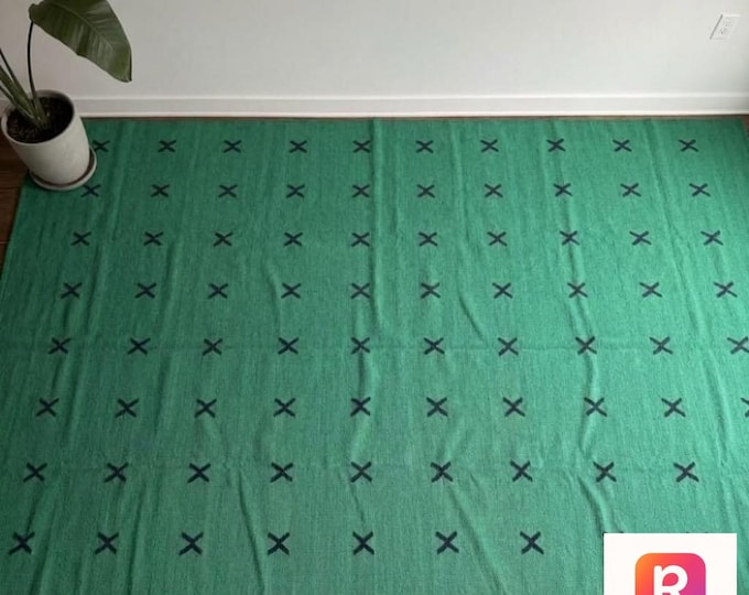 Handmade Wool Kilim Rug: Swedish inspired, Geometric X Model Home Decor Sky Blue Carpet