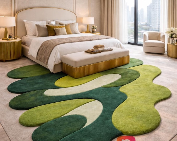 Hand Tufted Wool Area Rug, Abstract Organic Green Living Room Carpet