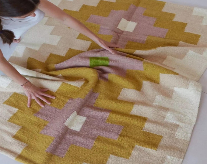 Handwoven Nordic Kilim Rug, Scandinavian Geometric Wool Flatweave Beige Ivory Mustard Purple