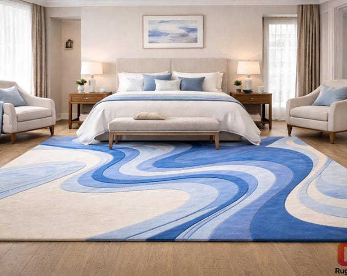 Blue Abstract Wool Wavy Rug,Modern Hand Tufted Wool Area Rug- Beige & Aqua Sculpted Coastal Decor Rug