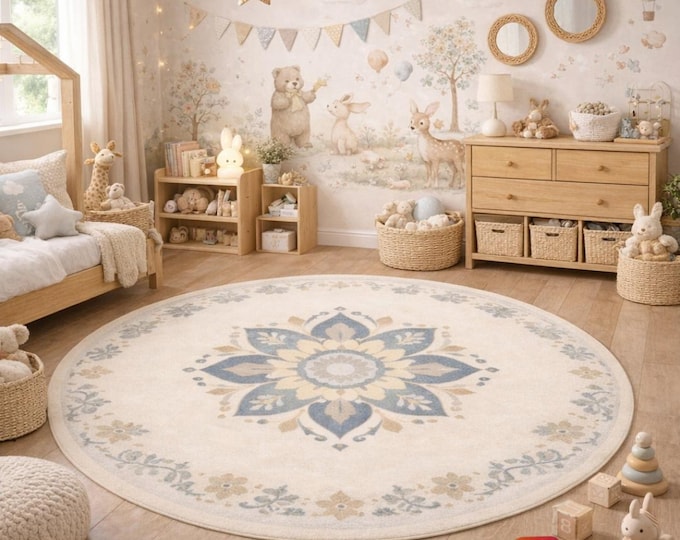 Round Kids Room Rug,Soft Pastel Floral Mandala Carpet,Nursery Playroom Decor,Handmade Hand Tufted Wool Rug, Living Room Rugs.
