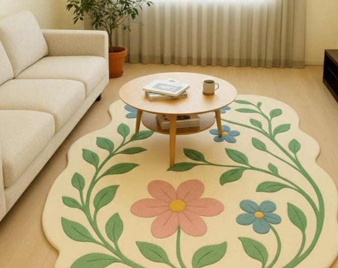 Floral Scalloped Tufted Rug, Handmade Wool Area Rug, Modern Botanical Carpet, Organic Shape Living Room Rug