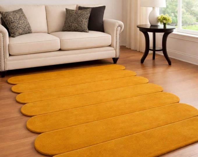 Abstract Gold Organic Shape Tufted Rug, Handmade Modern Area Rug, Wavy Designer Carpet for Living Room rugs