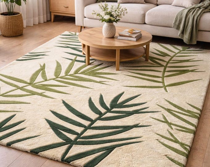 Hand Tufted Green Leaf Wool  Rug ; Modern Nature Carpet ..8X10 New Zealand Wool Area Rug.
