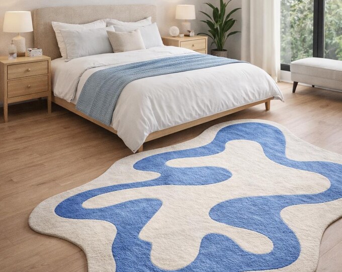 Hand tufted kids room rug blue & white abstract shape rug soft playroom carpet modern nursery rug washable kids area rug.