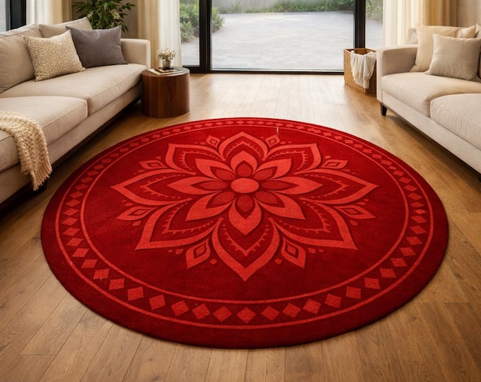 Hand Tufted Red Round Wool Rug, Floral Geometric Pattern Area Rug