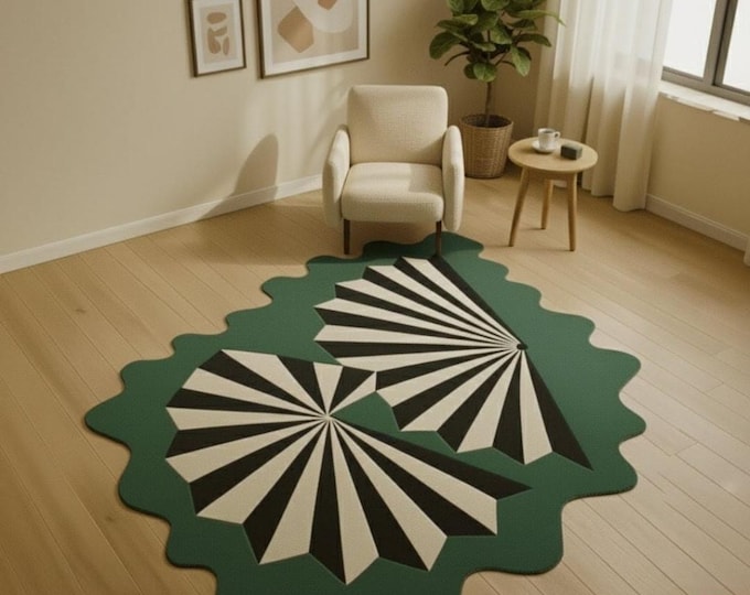 Geometric Scalloped Tufted Rug, Handmade Abstract Area Rug, Modern Black White Green Designer Carpet,kid room rugs