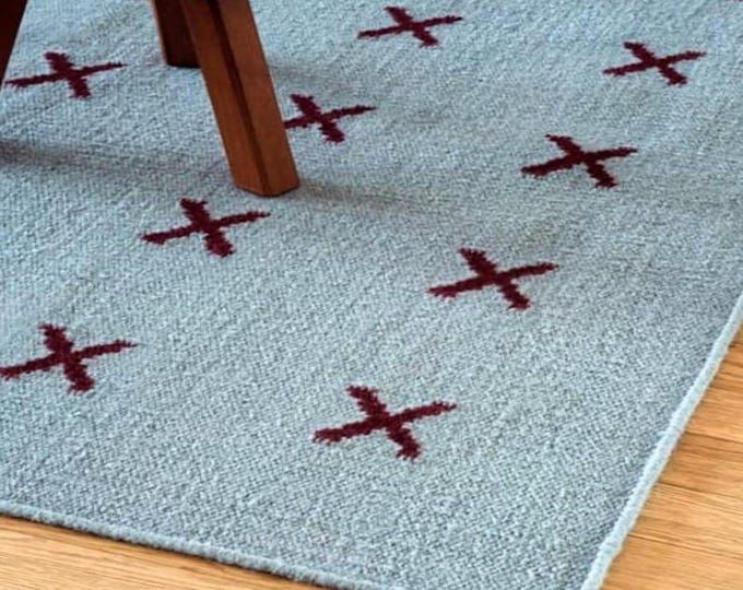 Handmade Wool Kilim Rug: Swedish inspired, Geometric X Model Home Decor Sky Blue Carpet