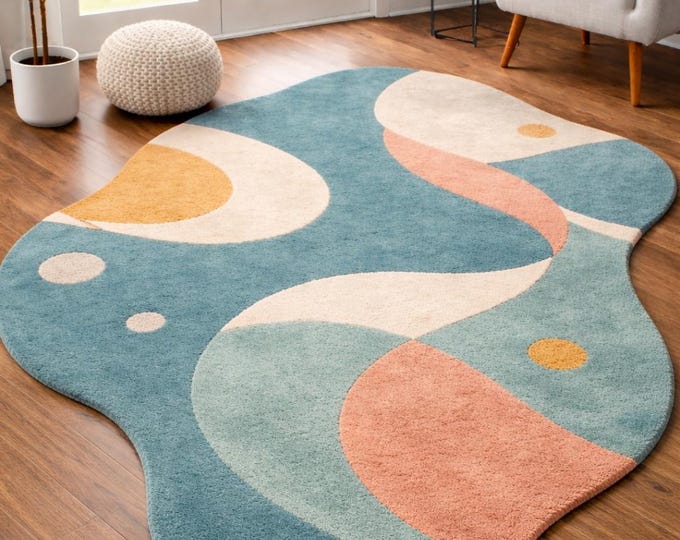Modern Hand Tufted Shape Carpet, Wool Area Rug,  Living Room Rug, Custom Designer Rug Decor Blue Rug, Living Room Rug.