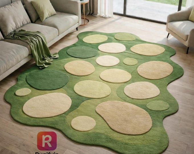 Green Abstract Wool Rug | Hand Tufted 3D Bubble Design