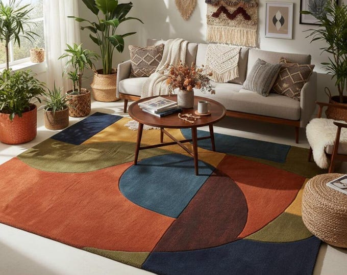 Modern Abstract Area Rug Mid Century Hand Tufted Wool Multicolor Sculpted High Low Pile Living Room Decor 8x10 9x12 Custom Size Handmade Art