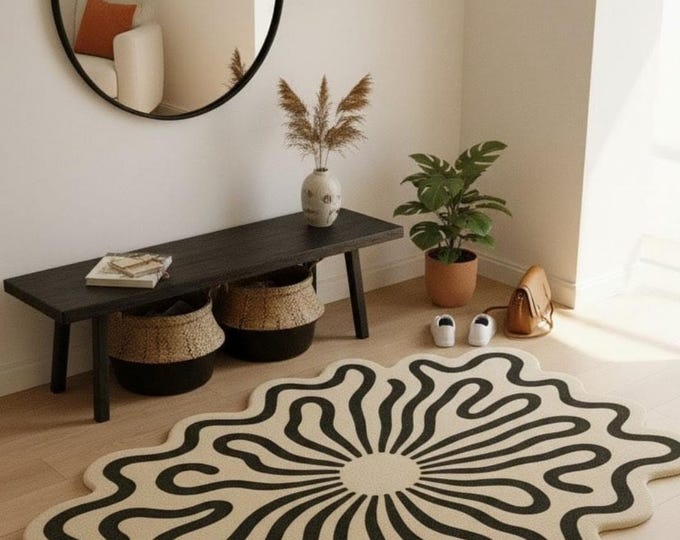 Abstract Flower Shaped Rug, Modern Wavy Sunburst Area Rug,Minimalist Black Beige Accent Carpet, Handmade Tufted Living Room Rug,