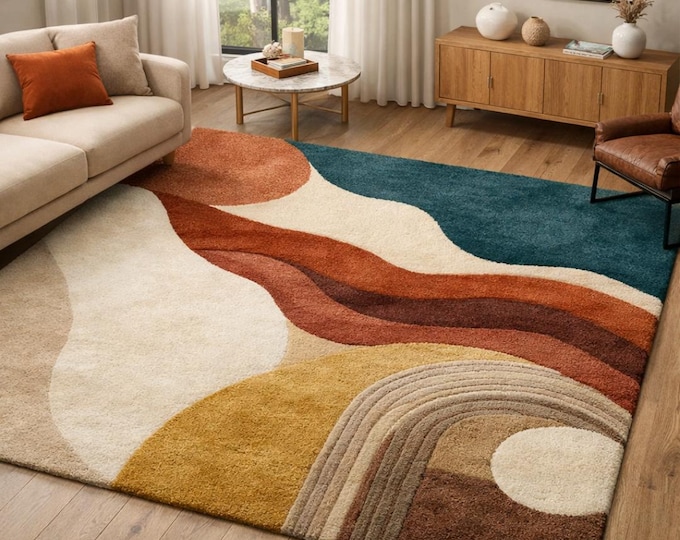 Brown Organic Beige Rug. Area Carpet. Tufted Rug, Handmade Modern Area Rug, Wavy Designer for Large Living Room Rugs.