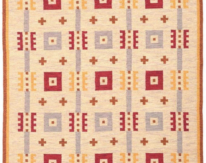 Handmade Checkered Kilim Rug, Modern Geometric Wool Carpet, Earthy Flatweave Area Rug for Living Room, Nordic Style Decor, RUGY FYIN Rugs