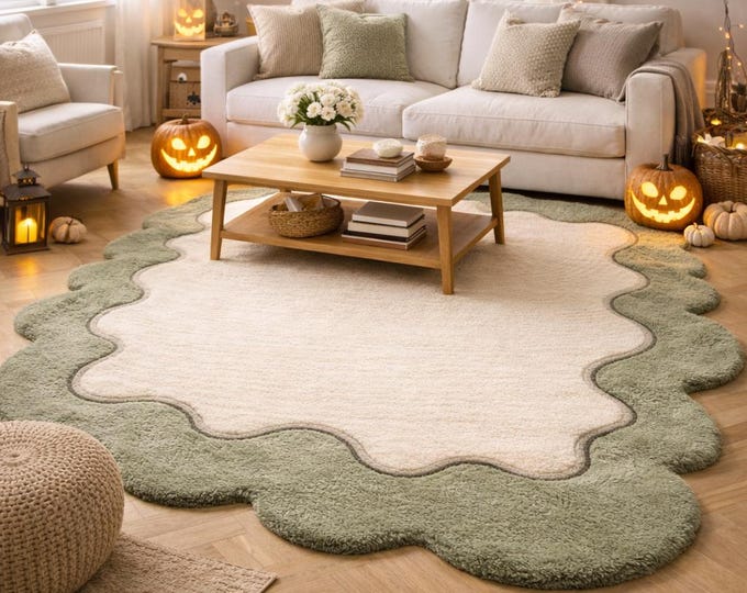 Hand Tufted Wool Area Rug – Scalloped Sage Green Border